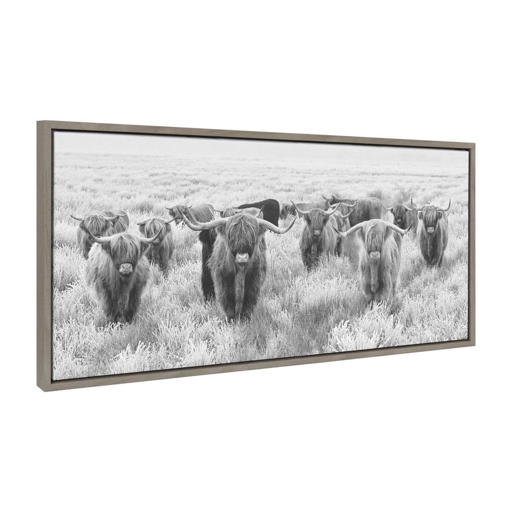 Herd of Highland Cows Black and White Framed Canvas Art