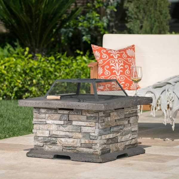 29 in. W x 17 in. H Stone Square Wood Burning Outdoor Fire Pit in Stone Gray