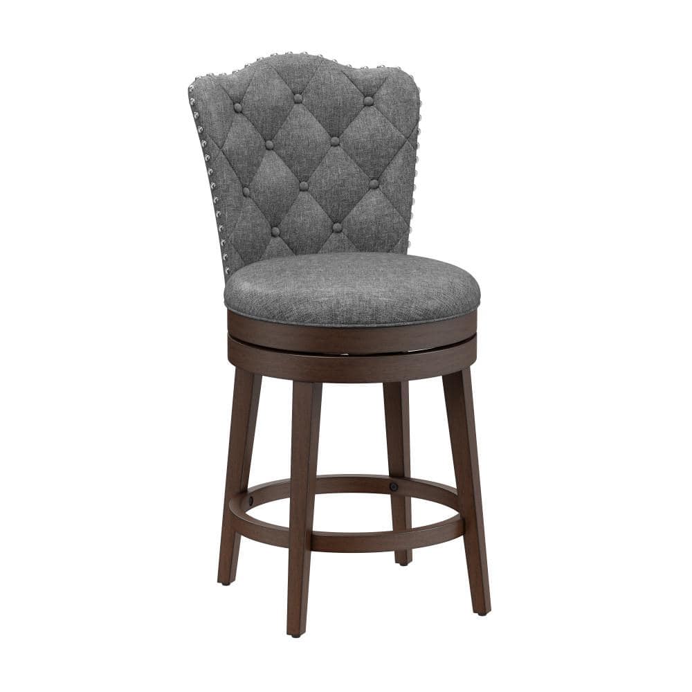 Gray Button-Tufted Wood Swivel Counter Stool