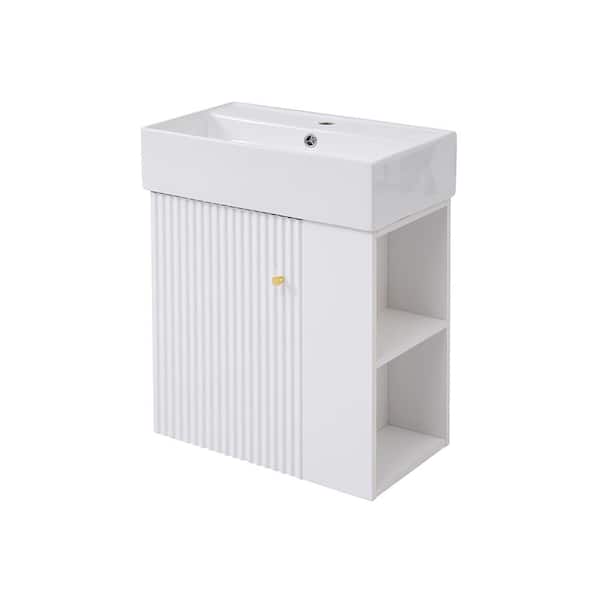 Sarlai 21.6 in. W MDF Single Bowl Wall Mounted White Bath Vanity with White Ceramic Top and Right-Side Storage Assembled