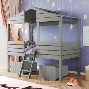 Gray Twin Size Low Loft Wood House Bed with Two Storage Drawers,Roof and Window, Playhouse for Kids