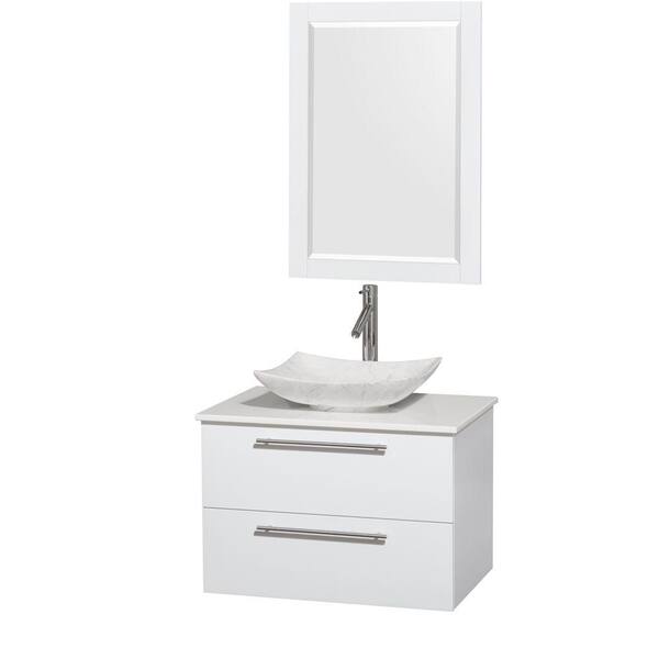 Wyndham Collection Amare 30 in. Vanity in Glossy White with Solid-Surface Vanity Top in White, Carrara Marble Sink and 24 in. Mirror