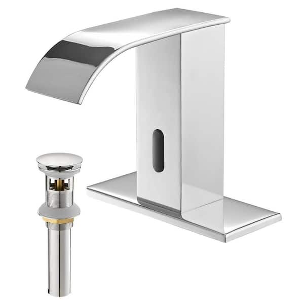 HOMEMYSTIQUE Automatic Sensor Touchless Single Hole Bathroom Sink Faucet with Deck Plate & Pop-Up Drain in Polished Chrome