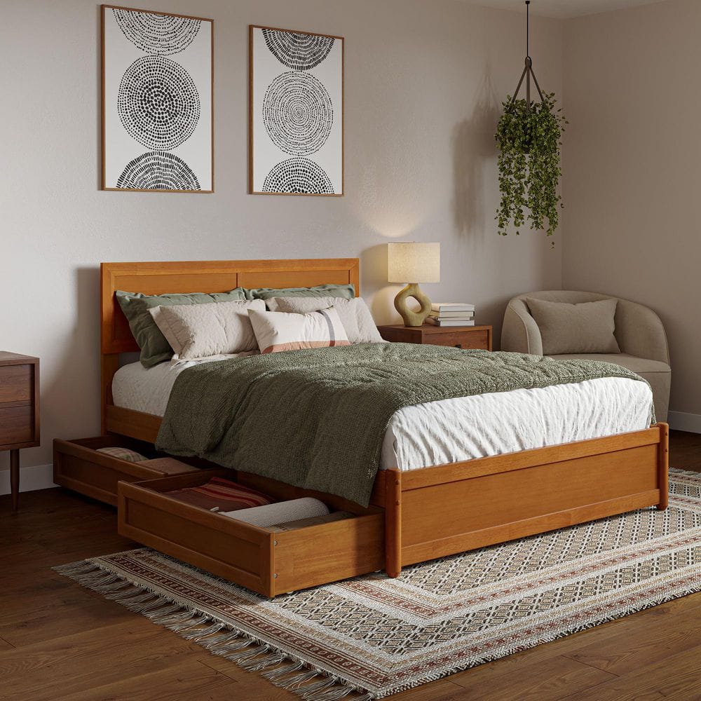Lylah Light Toffee Natural Bronze Solid Wood Frame Full Platform Bed with Panel Footboard and Storage Drawers price history on PriceWatchPro