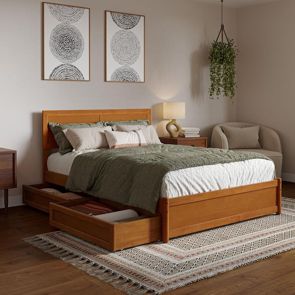 AFI Lylah Light Toffee Natural Bronze Solid Wood Frame Full Platform Bed with Panel Footboard and Storage Drawers