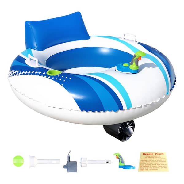 BANZAI Blue/White PVC Motorized Battery Powered Inflatable Pool Cruiser Float for Teens/Adults