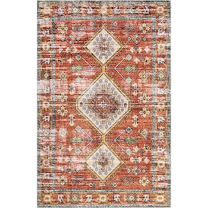 Everly Vintage Boho Machine Washable Rust Doormat 3 ft. x 5 ft. Accent Rug