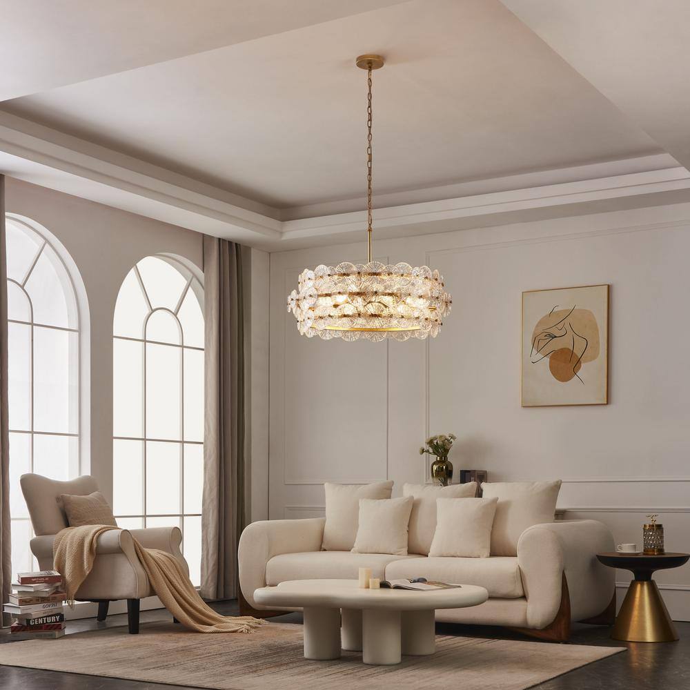 Gold Drum Chandelier with Hand-Made Glass Discs