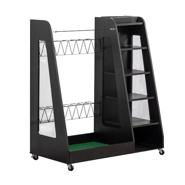 Black Wooden Golf Bag Organizer with Wheels Stylish Golf Storage Rack Holds 2-Golf Bags