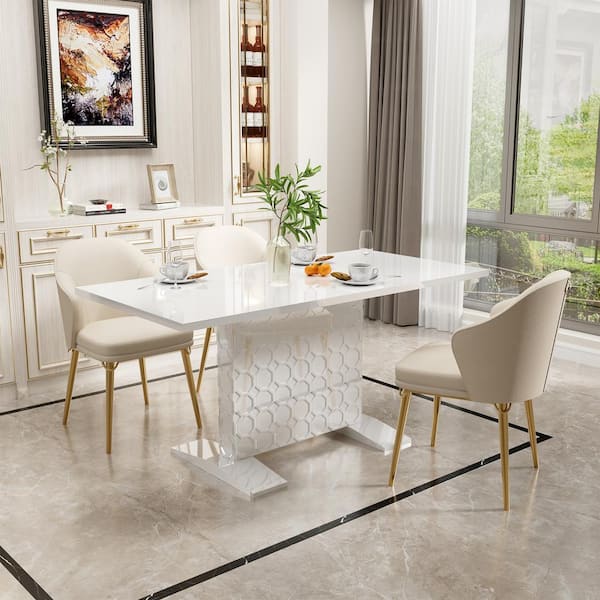 Boyel Living White Wood 62.7 in. Pedestal Extendable Dining Table Seats 6