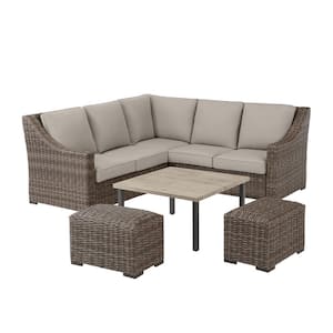 Rock Cliff 6-Piece Brown Wicker Outdoor Patio Sectional Sofa Set with Ottoman and CushionGuard Riverbed Tan Cushions