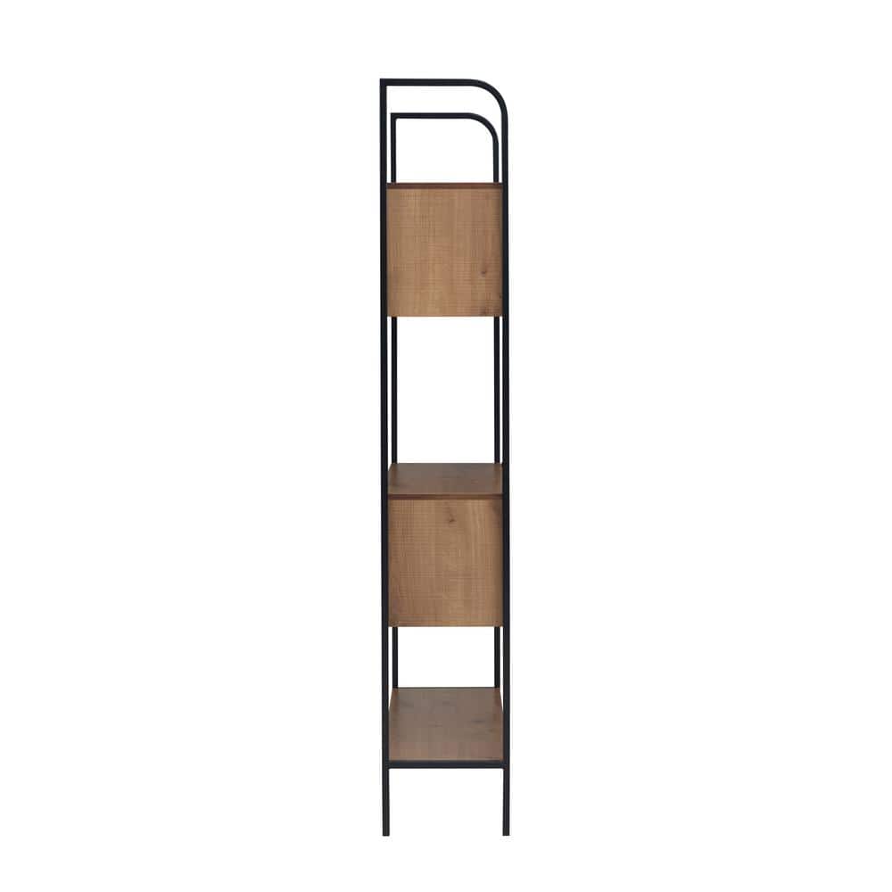 Distressed Oak and Black Metal 67" Bookcase with Cubes