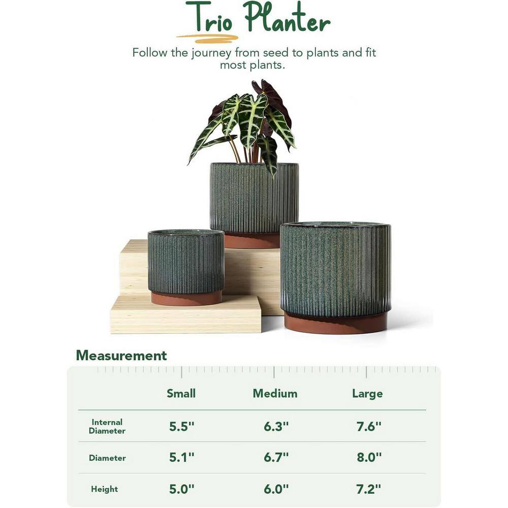 Reactive Glaze Black Ceramic Stripe Round Planter Set with Drainage Holes
