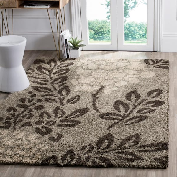 Florida Shag Smoke/Dark Brown 5 ft. x 5 ft. Square Floral Area Rug