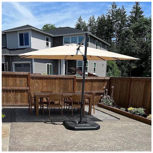 10 ft. Square Aluminum Outdoor Patio Cantilever Umbrella Offset 360° Rotation Umbrella with Base, Beige