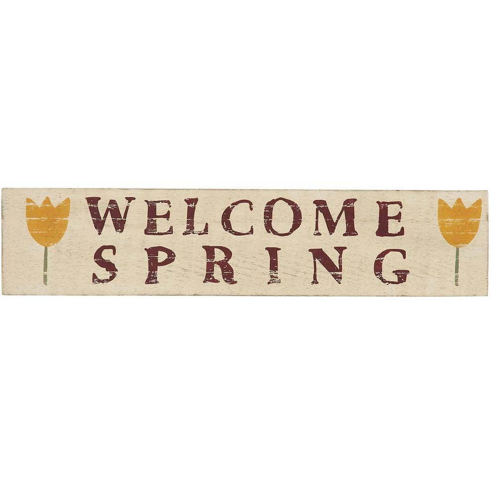 Rustic Light Yellow Wooden Welcome Spring Sign with Tulip Design