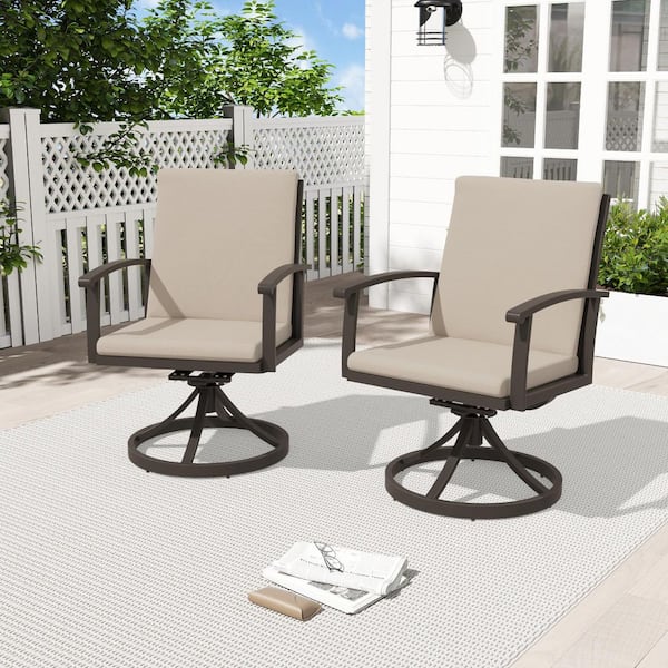 AluLux Dark Brown Swivel Aluminum Patio Dining Chairs with Sandspit Brown Cushions (2-Pack)