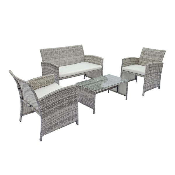 Cesicia 4-Piece Gray Wicker Patio Conversation Set Outdoor Sectional Set with White Cushion and Coffee Table for Backyard Garden