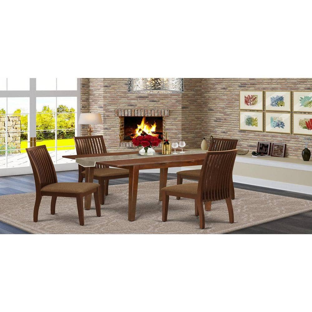 5-Piece Mahogany Finish Solid Wood Top - Rectangular Dining Room Set with Butterfly Leaf - Seats 4