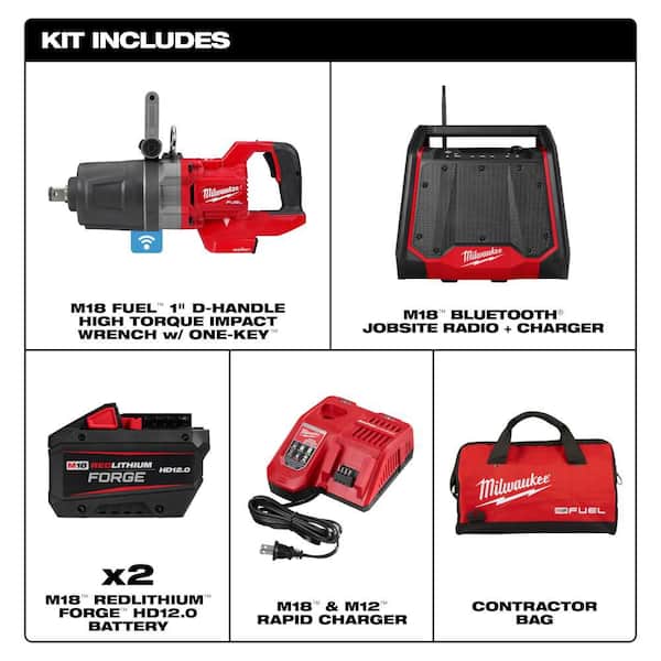 M18 FUEL 18V Lithium-Ion Brushless Cordless 1 in. Impact Wrench w/ D-Handle Kit w/ Two 12.0 Ah Batteries & Speaker