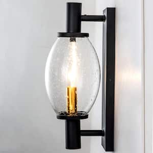 Tio 1-Light Black and Gold Outdoor Wall Sconce with Seedy Glass