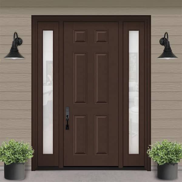Regency 64 in. x 96 in. 6 Panel LHIS Hickory Stain Mahogany Fiberglass Prehung Front Door w/Clear12in. SLs 4-9/16
