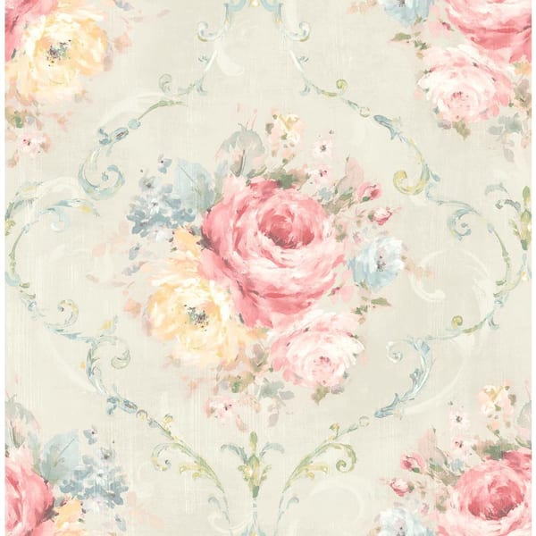 Framed Bouquet Beige and Rose and Yellow Vinyl Peel and Stick Strippable Wallpaper Roll (Cover 30.75 sq. ft. )
