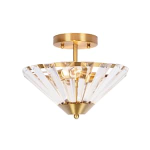 11 in. 2-Light Brushed Gold Plated Transitional Semi-Flush Mount with Clear Glass Faceted Shade and No Bulbs Included