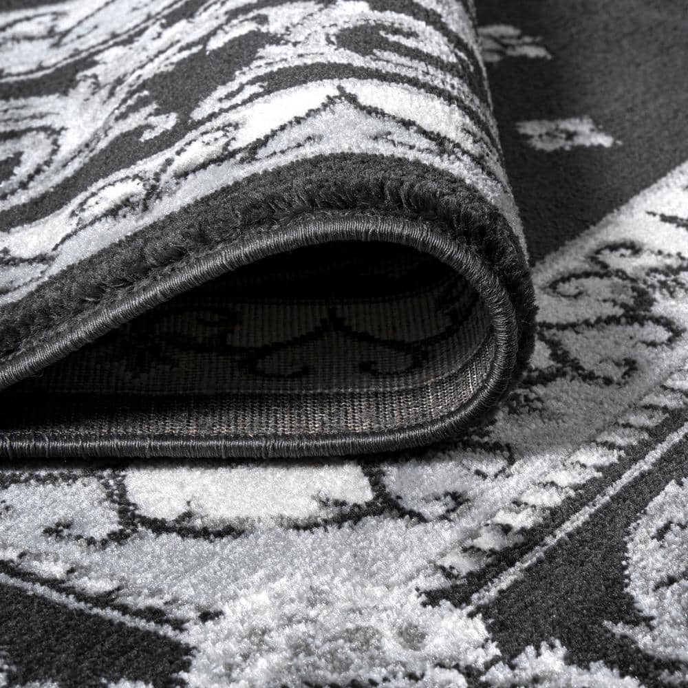Black and Gray Synthetic Round French Border Area Rug