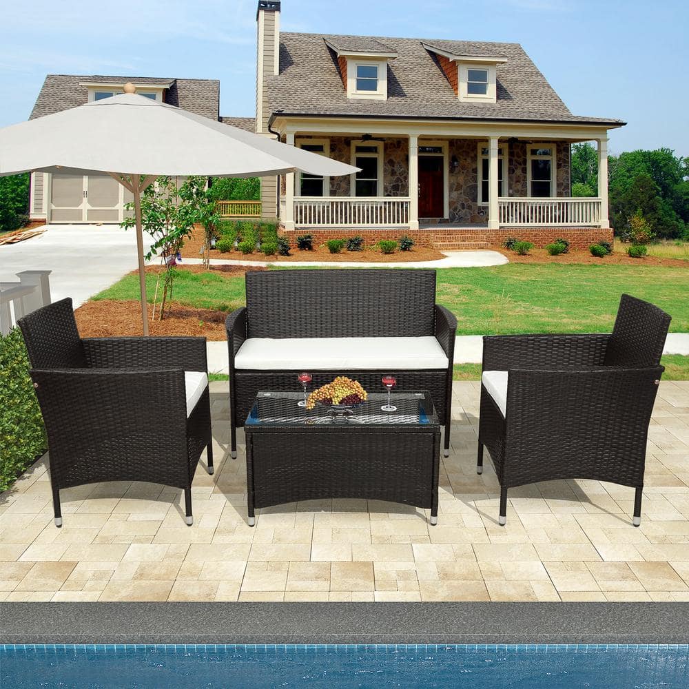 Brown 4-Piece Wicker Patio Conversation Seating Set with Beige Cushions