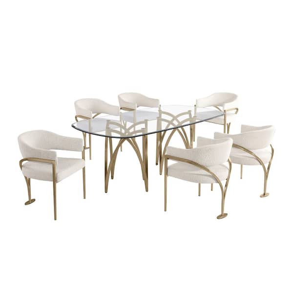 Best Quality Furniture Amelia 7-Piece Clear Tempered Glass Top Gold Chrome Plated Base Dining Set with 6-Cream Color Chairs