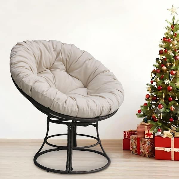 Brown 360 Swivel PE Wicker Compatible Indoor and Outdoor Lounge Accent Chair with Beige Cushion 1-Person