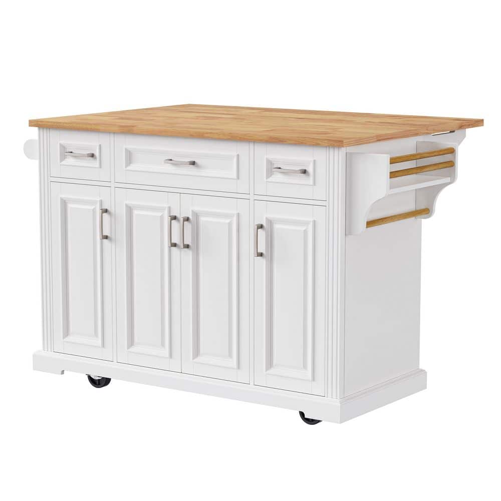 White Wood 54 in. Rolling Kitchen Island with Rubber Wood Drop Leaf and 3 Drawers