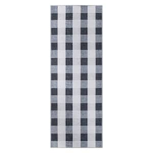 Contemporary Checkered Machine Washable 2'6"x10' Gray Runner Rug
