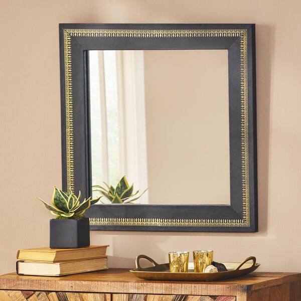 Black 23 in. W x 23 in. Modern Square Wall Mirror with Golden