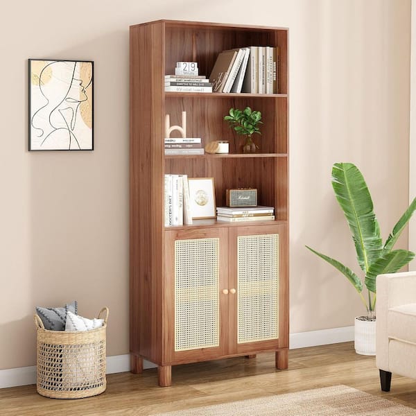 Lirago Brown 30 in. Display Cabinet with Rattan Doors Tall Bookcase