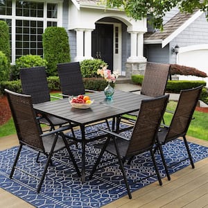 7-Piece Metal Patio Outdoor Dining Set with Folding Reclining Rattan Chairs