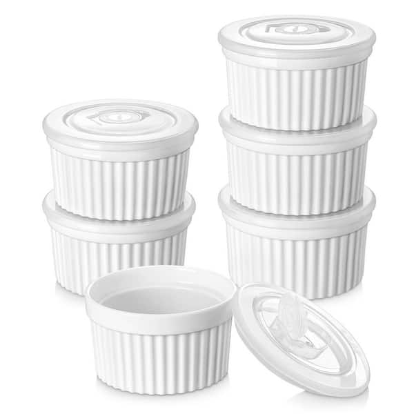 6-Piece White 10 oz. Ramekins with Lid, Porcelain Creme Brulee Souffle Dishes, Dishwasher and Oven Safe