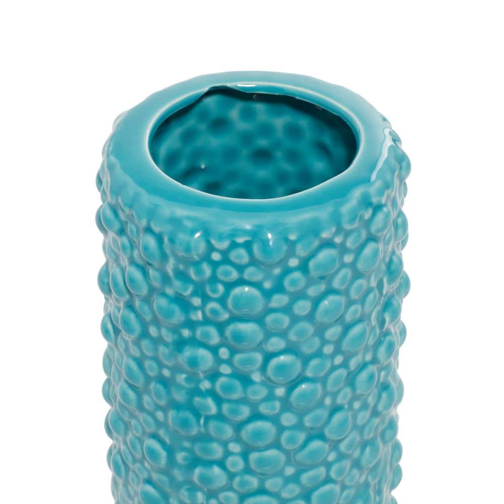 Modern Blue Ceramic Trio Vase Set with Textured Embellishments