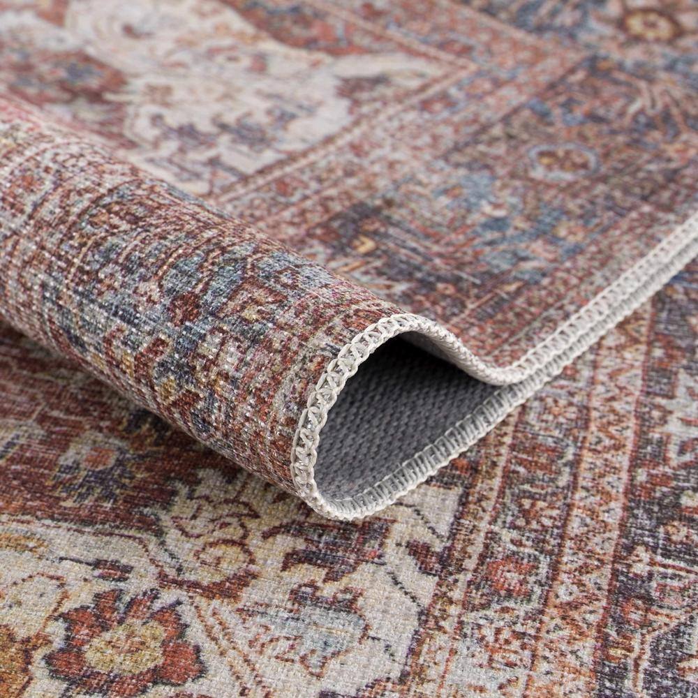 Elki Red and Blue Polyester Oriental Washable Rug 5'3" x 7'3"