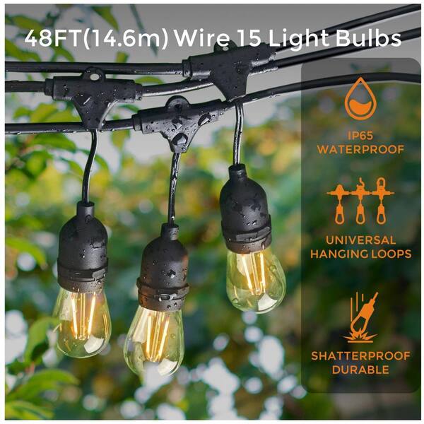 48 FT Outdoor String Lights - Commercial Grade, Weatherproof IP65, 15 Sockets, Black