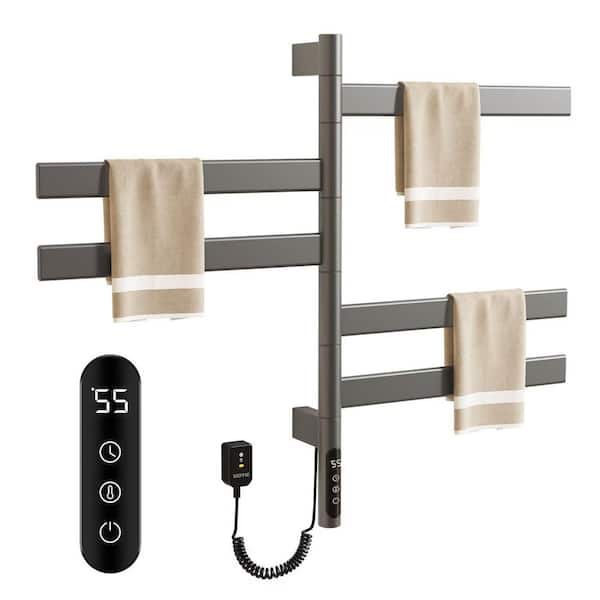 5 Bar Wall Mounted Plug-in/Hardwired Towel Warmer Rotating Heated Rack in Smoke Grey with Intelligent Touch Screen Timer