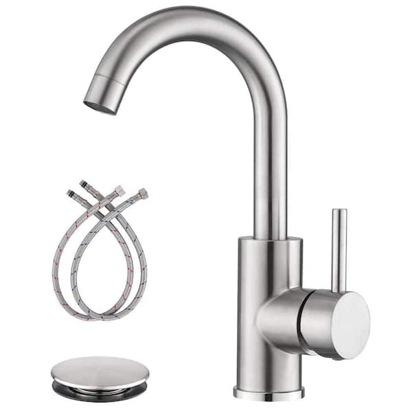 Single Handle Waterfall Spout Bathroom Faucet with Pop-Up Drain Assembly, Deckplate Included in Brushed Nickel