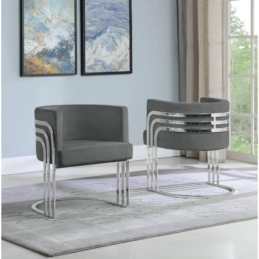 Sleek Barrel Velvet Arm Chair in Gray with Metal Accents