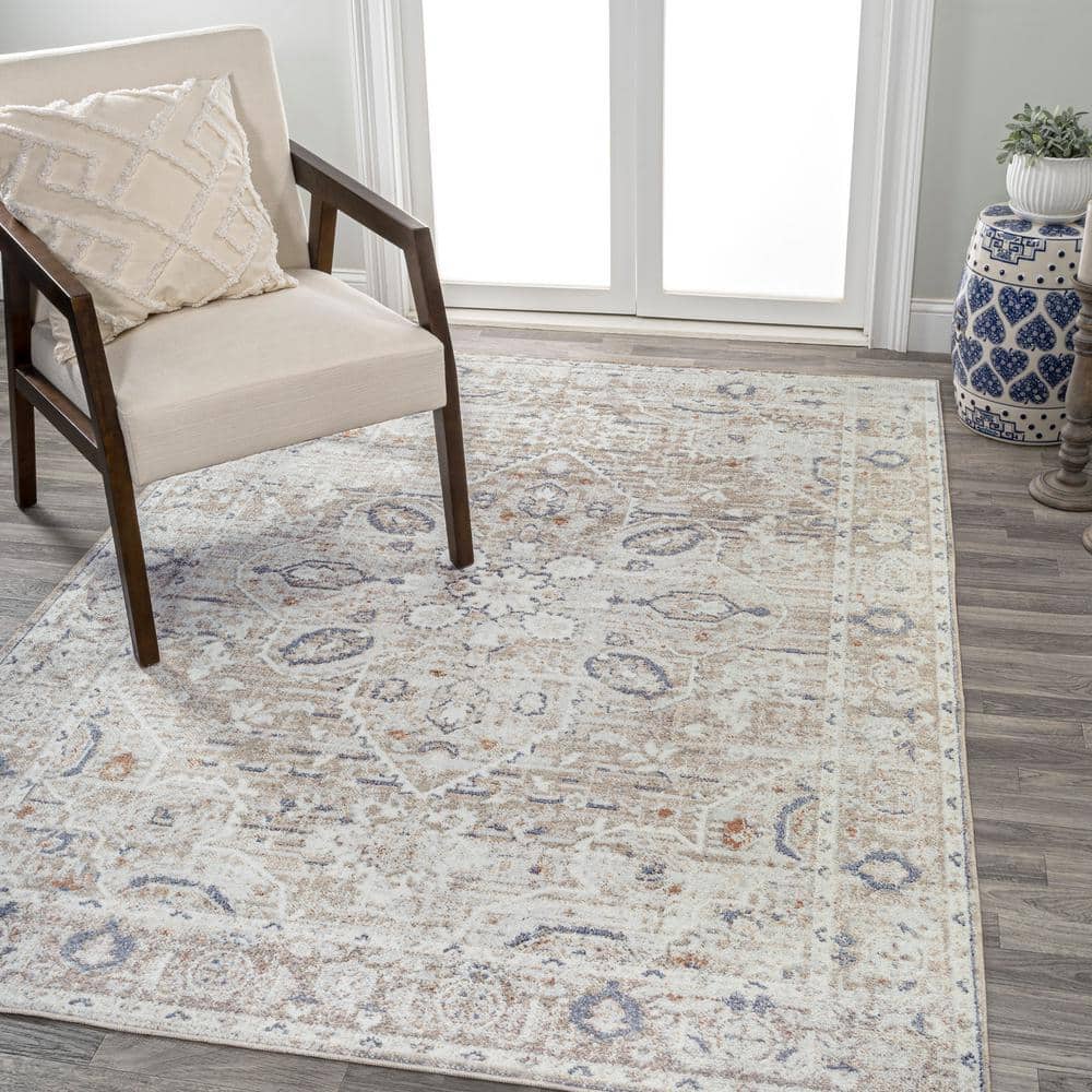 Light Gray and Brown Medallion Washable Synthetic Area Rug 4' x 6'