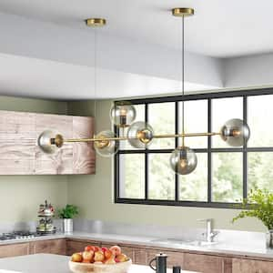 Hermitage 6-Light Gold Mid-Century Modern Linear Sputnik Bubble Kitchen Island Pendant with Smoky Gray Glass Globe