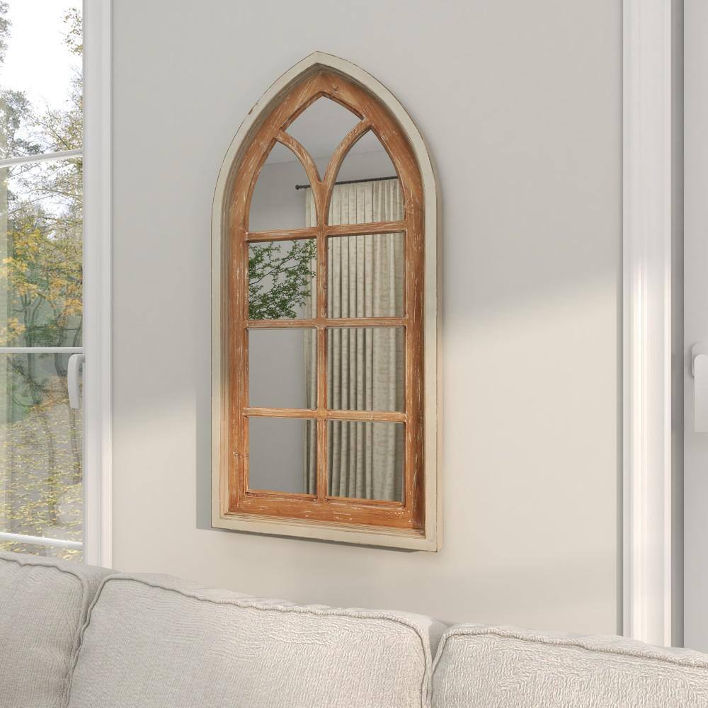 Brown Distressed Wood Arched Window Pane Wall Mirror