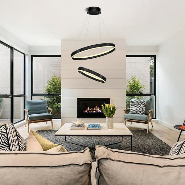 2 Light Dimmable Integrated LED Black Modern Circular Chandelier for Kitchen, Dining Room, Living Room, Bedroom, Villa