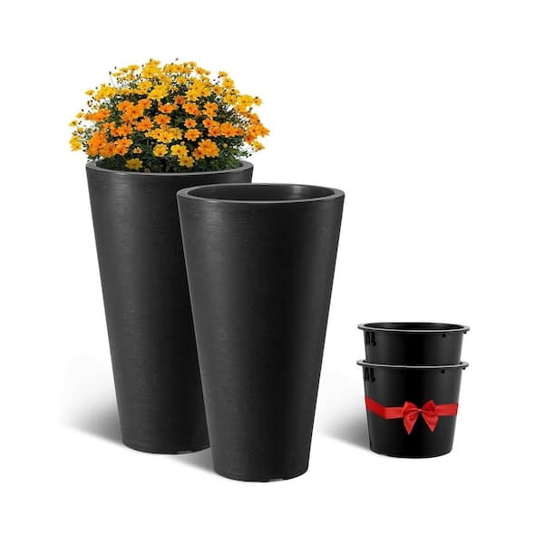 24 in. Tall Round Planter Set, 2-Pack Black Tapered Flower Pots with Drainage