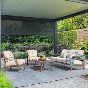 Brown 4-Piece Aluminum Patio Conversation Set with Coffee Table and Removable Zippered Beige Cushions